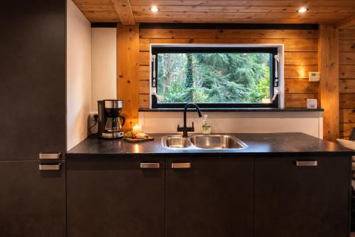 a kitchen with a sink and a window at Boshuisje in Enschede