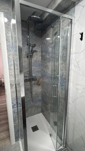 a shower with a glass door in a bathroom at Apartamento Cabrera Burriac in Cabrera de Mar