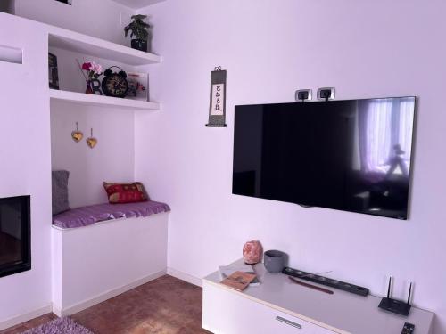 a living room with a large flat screen tv on the wall at B&B Villa Friedmann Nonantola Modena in Nonantola