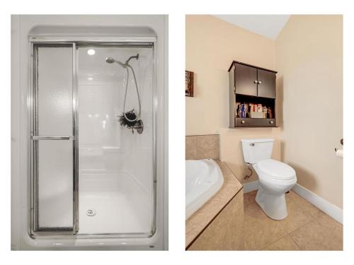 two pictures of a bathroom with a shower and a toilet at Peaceful Water View House! in Charlottetown