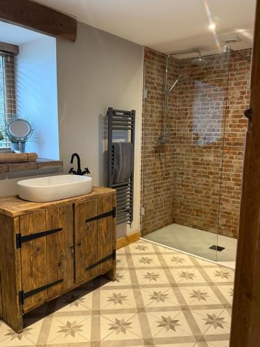 a bathroom with a sink and a shower at Y Beudy Bach in Llanfor