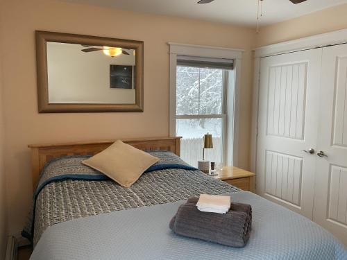 a bedroom with a bed with a mirror and a window at Roberts Lake House Room# 2 in Colchester