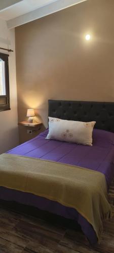 a bedroom with a purple bed with a pillow on it at Paraíso Serrano in Casa Grande