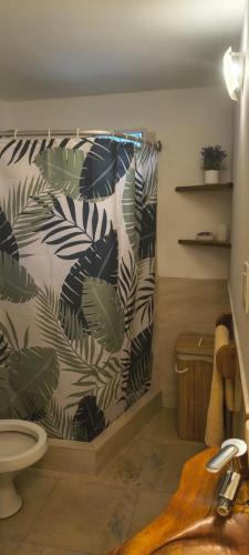 a bathroom with a shower curtain with plants on it at Paraíso Serrano in Casa Grande