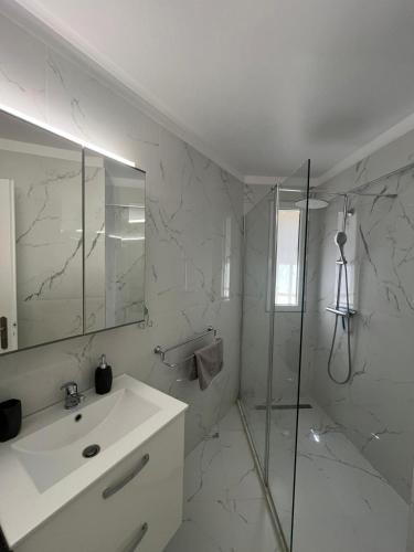 a white bathroom with a shower and a sink at Appartement Spacieux au Port de Nice avec Clim et Parking Gratuit in Nice