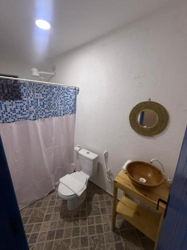 a bathroom with a toilet and a sink and a mirror at Pousada Pé no Mar in Japaratinga
