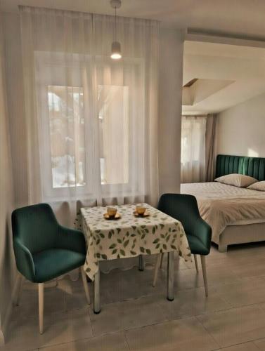 a bedroom with a table and two chairs and a bed at Apartamenty PETRA Supraśl in Supraśl