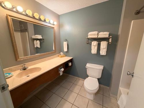 a bathroom with a toilet and a sink and a mirror at River Hills Hotel- Mankato in Mankato