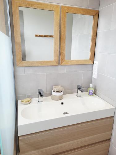a bathroom with a white sink and two mirrors at Ernest Lodge Angers in Angers
