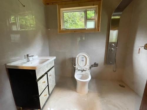 a bathroom with a toilet and a sink and a window at Samlaun Chalet and Retreat in Kanatal