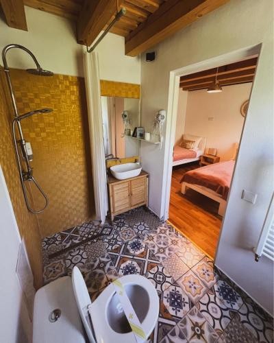 a bathroom with a shower and a toilet and a sink at WERK 2 - B&B Ecoturistic - Saschiz in Saschiz