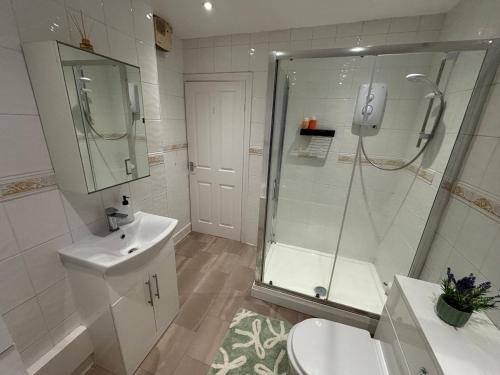 a bathroom with a shower and a sink and a toilet at Leamington Spa Boutique Two Bedroom Flat in Leamington Spa