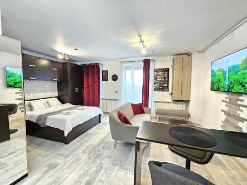 a bedroom with a bed and a living room at The Solstice Studio Apartment in Cluj-Napoca