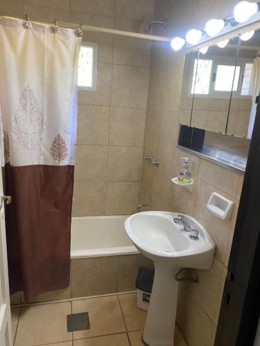 a bathroom with a sink and a shower curtain at Casa los Churumbeles in Potrerillos