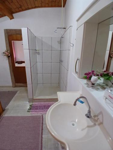 a bathroom with a sink and a shower at Casa Amarela in Bocaina de Minas
