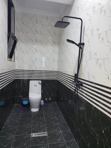 a bathroom with a white toilet and a shower at Ethiopian dream in Addis Ababa