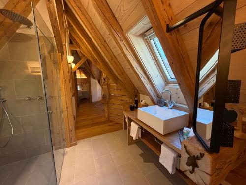 a bathroom with a sink and a shower in a room at Black Cockatoo Lodge close to Bern and Thun in Oberdiessbach
