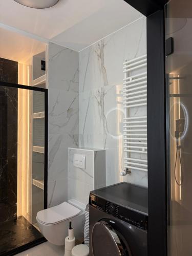 a bathroom with a toilet and a washing machine at Apartament City Rent Płock in Płock