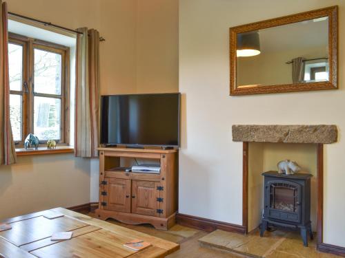 a living room with a television and a fireplace at Oaktree Cottage-Uk42227 in Low Borrowbridge