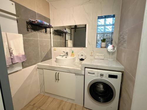 ein Badezimmer mit Waschmaschine und Waschbecken in der Unterkunft Wangwang house in Heerlen