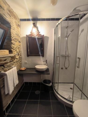 a bathroom with a glass shower and a sink at Casa do Porco - Farm Stay & Spa no Douro in Melres