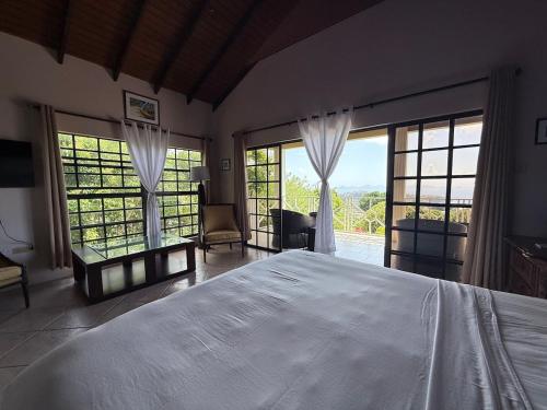 a bedroom with a large bed and large windows at forst home with a great ocean view in Kingstown