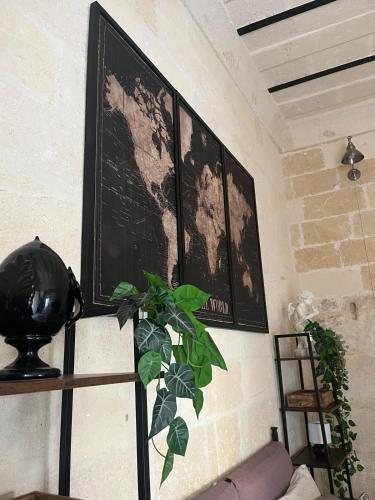 two framed maps on a wall with a plant at ITALY Home 16 in Grottaglie
