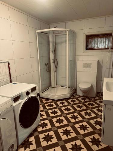 a bathroom with a washing machine and a toilet at 2 beds apartment centrally located in Gravdal in Gravdal