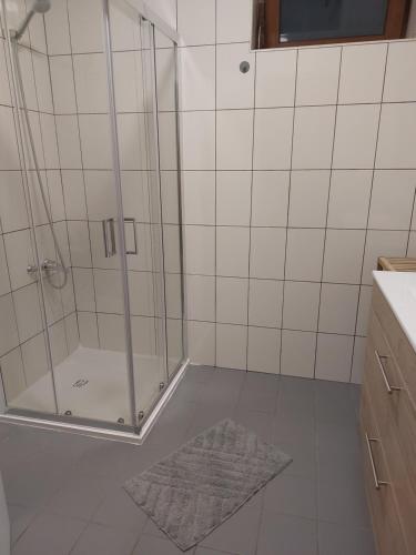 a bathroom with a shower and a rug at Tapadas do Sol in Couto de Esteves