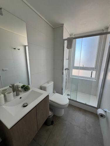 a white bathroom with a toilet and a sink at Live Epicentro in Temuco