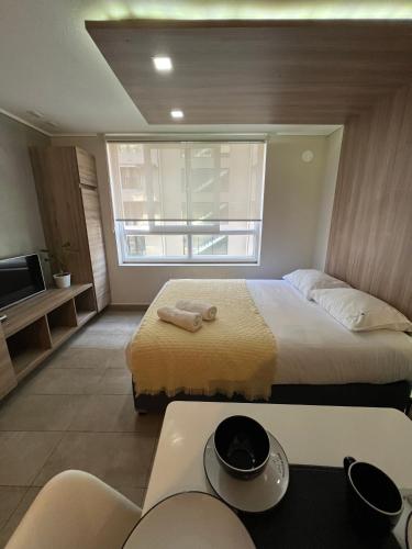 a hotel room with a bed and a window at Live Epicentro in Temuco