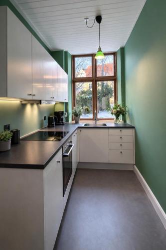 a kitchen with white cabinets and green walls at Greenbrook Homes - Jungle Suite in Aalborg