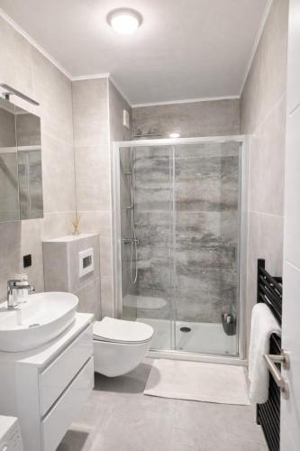 a bathroom with a shower and a toilet and a sink at Lana Apartmani Autor in Tuzla
