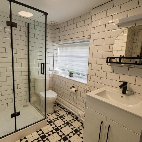 a bathroom with a toilet and a sink and a shower at The Hand Hotel in Chirk