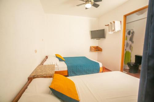 a bedroom with two beds and a tv in it at Hostal Nuevo Arenal downtown, private rooms with bathroom in Nuevo Arenal