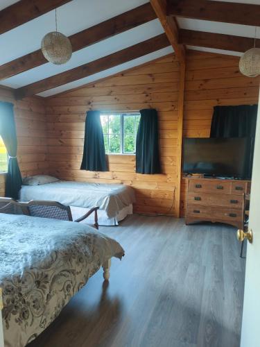 a bedroom with two beds and a flat screen tv at Riverside Loft in Turangi