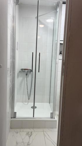 a shower with a glass door in a bathroom at Appartement paisible in Clichy