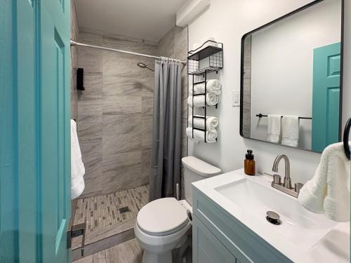 a bathroom with a toilet and a sink and a shower at Arvilla Resort in St. Pete Beach