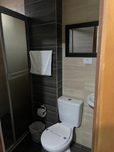 a small bathroom with a toilet and a sink at Hotel Luis Ángel in Mocoa