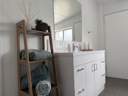 a bathroom with a sink and a ladder next to a mirror at Kangaroo Cottage in Hay