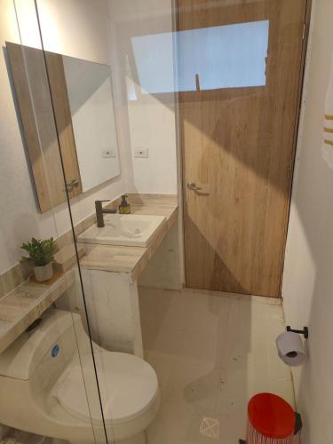 a bathroom with a toilet and a sink and a shower at Quinta en Melgar piscina BBQ cerca a Piscilago in Melgar