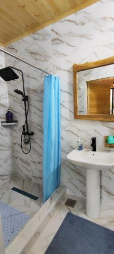 a bathroom with a shower and a sink at Guest House Jekshen in Imeni Karla Marksa