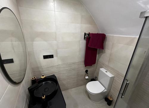 a small bathroom with a toilet and a mirror at Villa Abril en el Porvenir in Seville