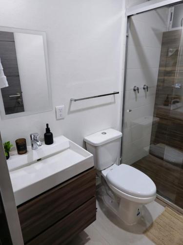 a bathroom with a toilet and a sink and a shower at Bluu lagoons in Los Cerritos