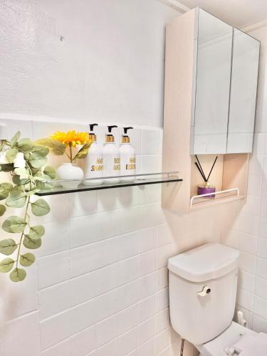 a bathroom with a toilet and a shelf above it at Finetree House in Samgong