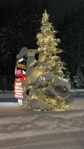 a christmas tree covered in snow next to a bus at Tahoe Hacienda Inn in South Lake Tahoe