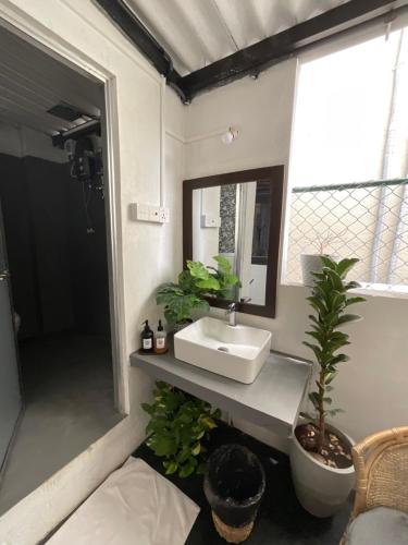 a bathroom with a sink and a mirror at Hiricurry,Rooms Hostel & Restaurant in Dickwella