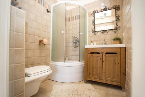 a bathroom with a toilet and a sink and a mirror at Hacienda Lucio in Grohote