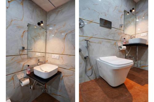 two pictures of a bathroom with a toilet and a sink at Hotel Balaji Residency Dombivali in Dombivli