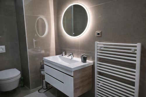 a bathroom with a sink and a toilet and a mirror at Muki Park Lake in Tuzla